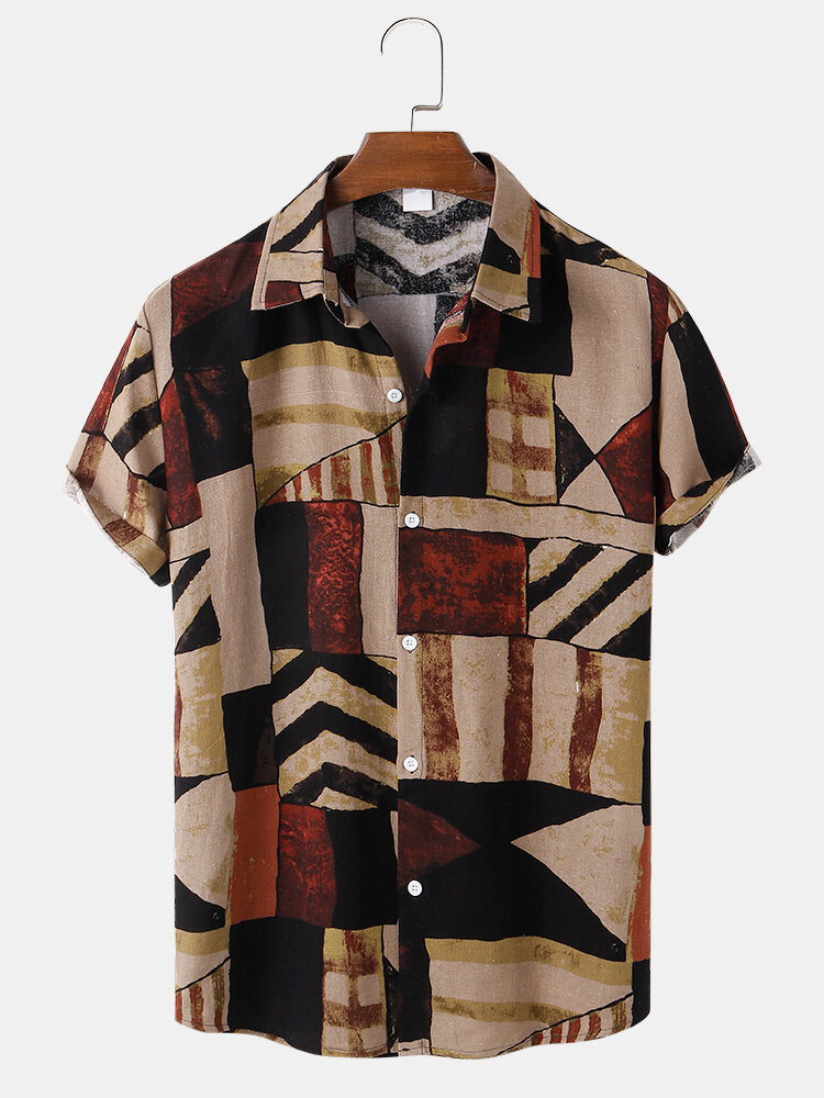 Heren katoenen kleurblokken contrast geometrie print shirts met korte mouwen