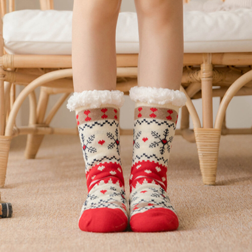 Women Warm Winter Outdoor Christmas Style Snowflake Pattern Plus Velvet Thicken Home Sleep Socks Tub