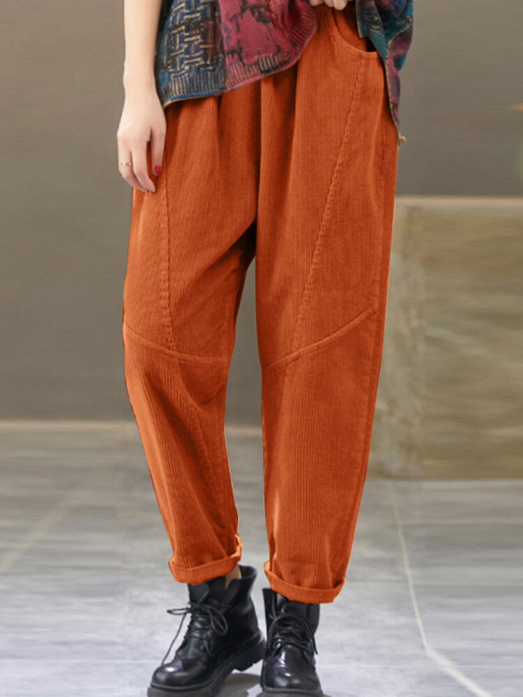 

Women Corduroy Elastic Waist Side Pockets Solid Color Ankle Length Casual Pants