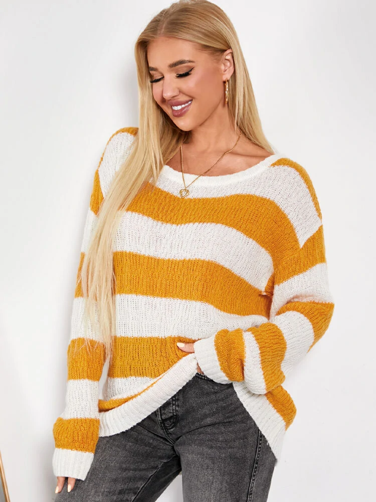 Contrast color long sleeve crew neck loose knit sweater