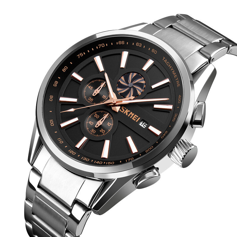 

SKMEI 9175 Multifunction Calendar Business Style Men Wrist Watch Steel Band Quartz Watch