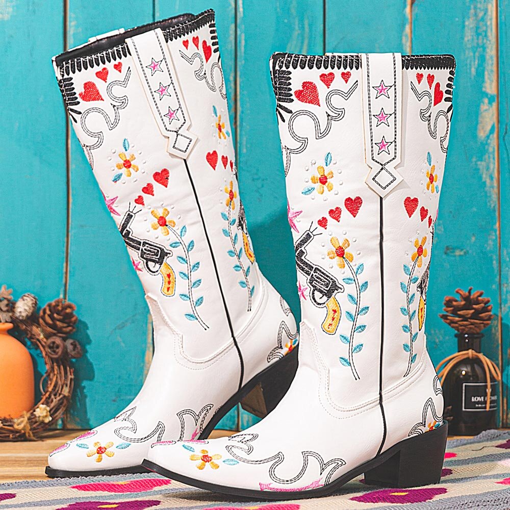Women Floral Sweet Embroidery Leather Pointy-toe Chunky Heel Mid-calf Knight Boots