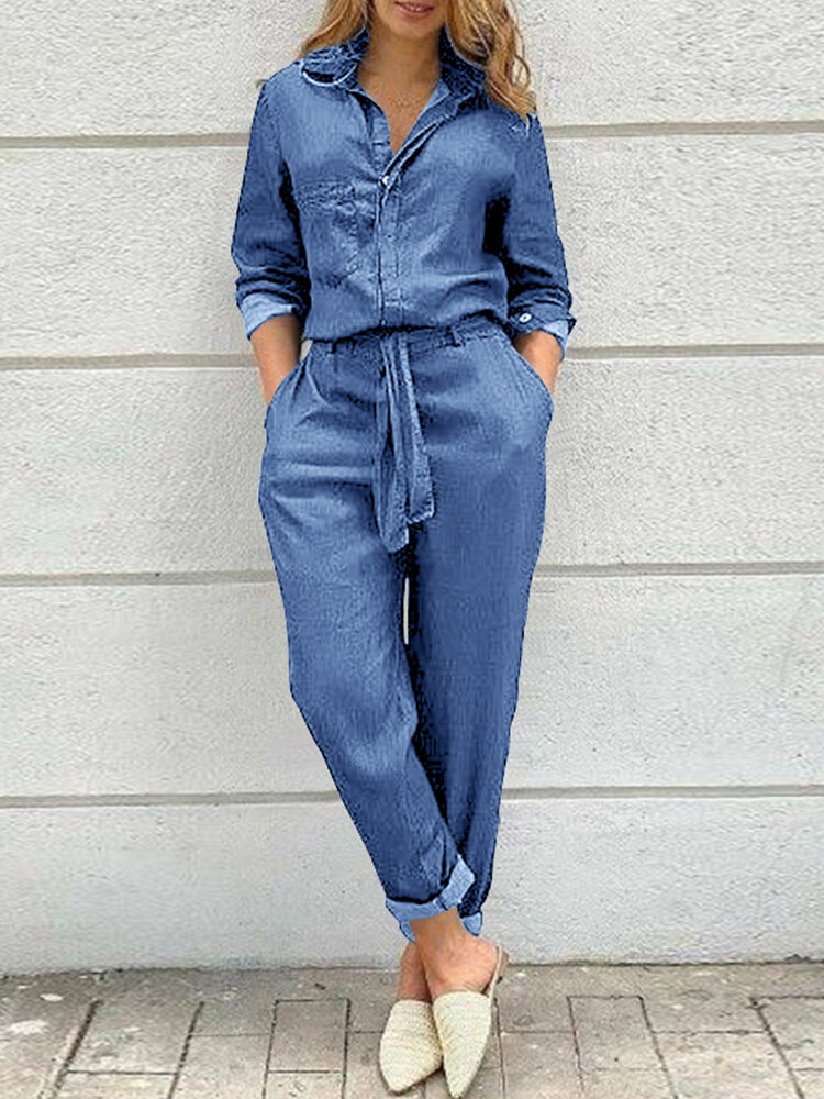Women Solid Color Button Front Camp Collar Daily Jumpsuit