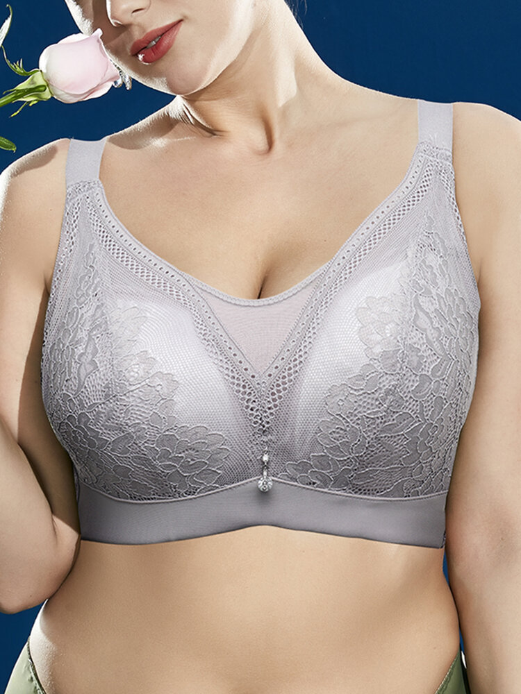 

Women Lace Trims Wireless Thin Breathable Comfy Gather Home Solid Bra