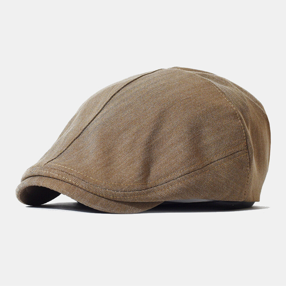 Men Newsboy Cap Cotton Linen Solid Herringbone Stripes Elastic Adjustable Casual Forward Hat Painter Hat Beret Flat Cap