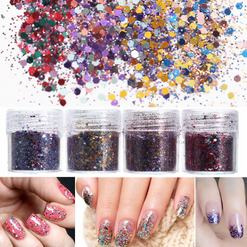 4 Pots 10ml Nail Art Glitter Powder Sheet Sequins Sparkly Colorful Christmas Iridescent Acrylic Tips
