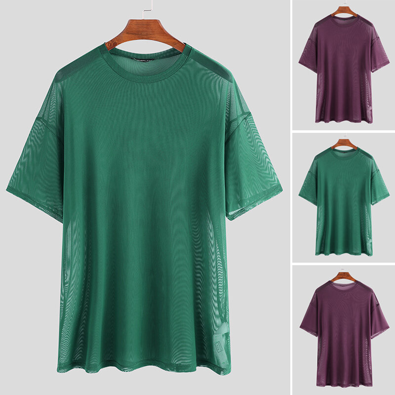 

Men's Short Sleeve Fishnet Mesh T Shirts Baggy Loose See Through Muscle Tee Tops