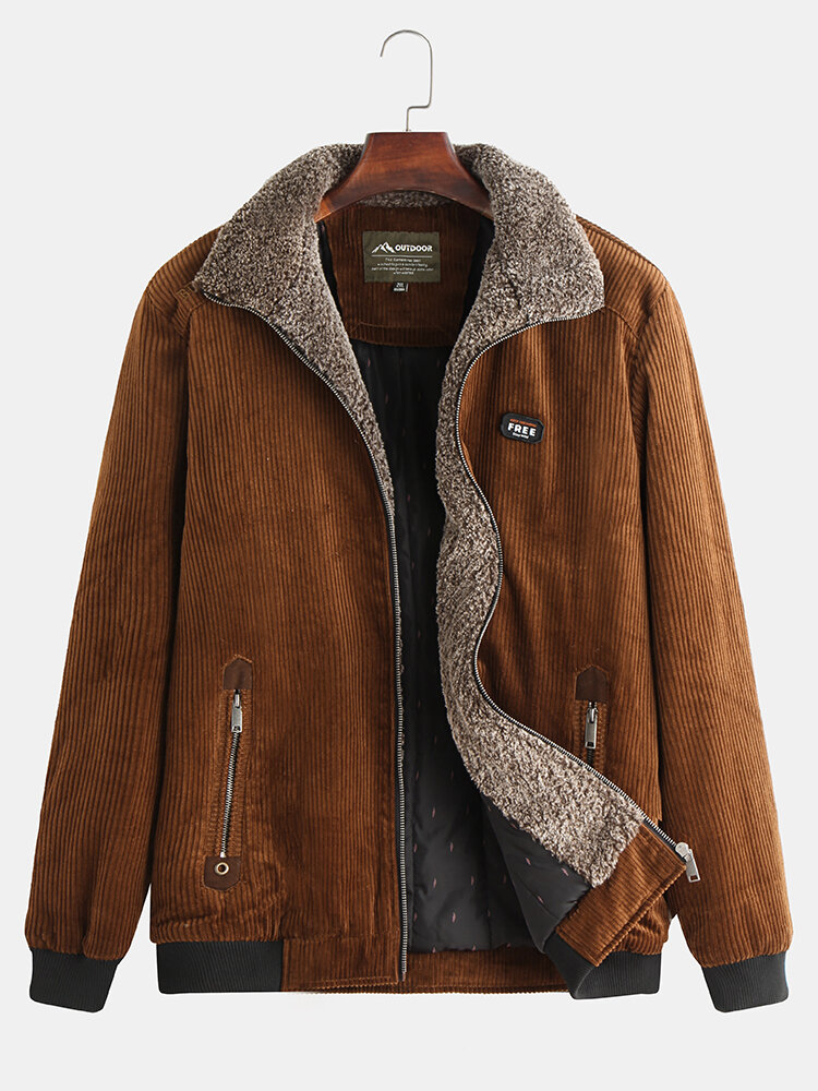 Mens Winter Corduroy 100% Cotton Plus Velvet Warm Zipper Casual Solid Jacket