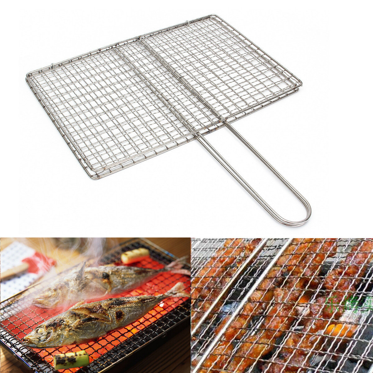 Outdoor Picnic BBQ Fish Meat Grill Stainless Steel Net Mesh Wire Clamp 