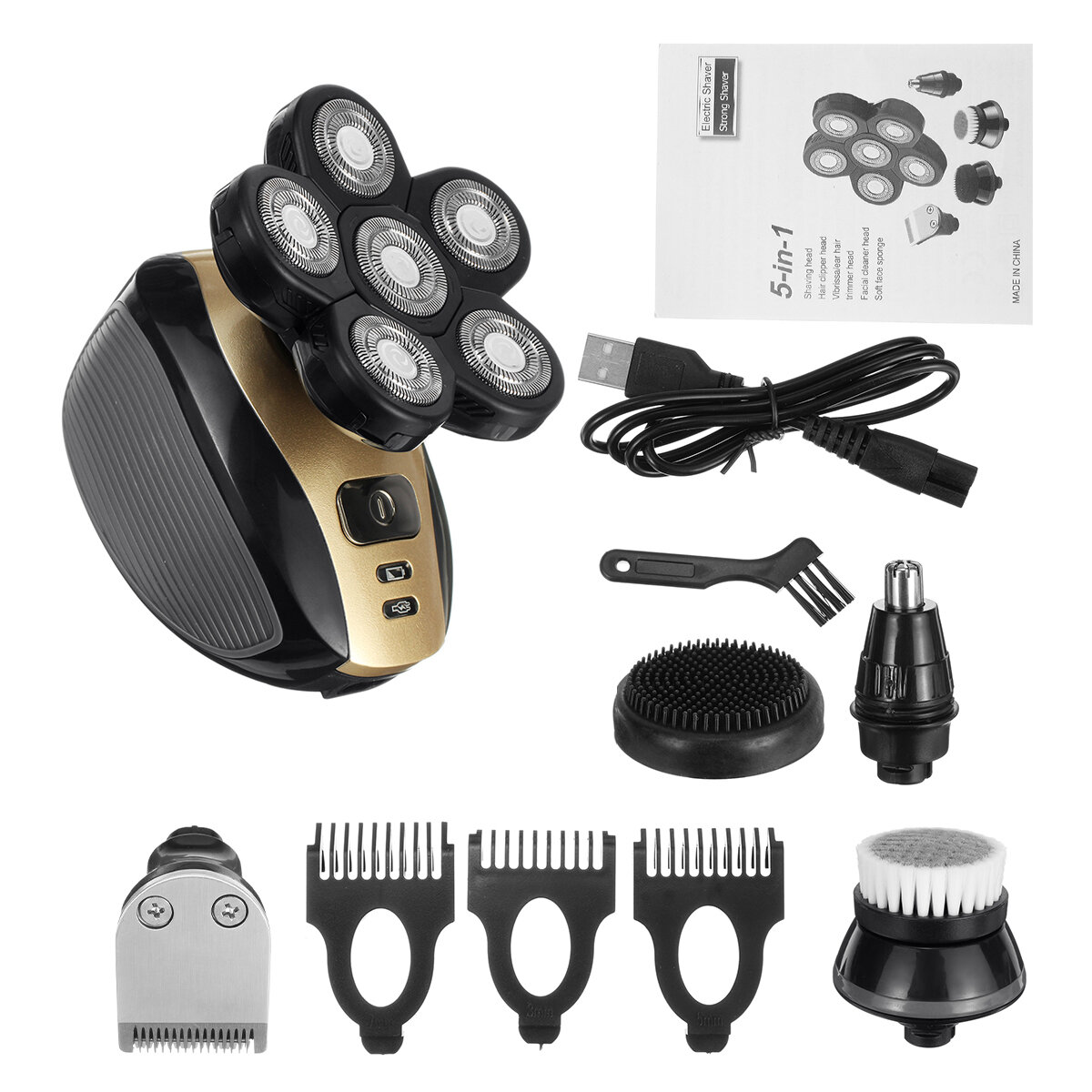 

5 in 1 Power Display USB Rechargeable 6 Heads Bald Head Shaver Electric Hair Trimmer Clipper Facial Massager Cleaning Br