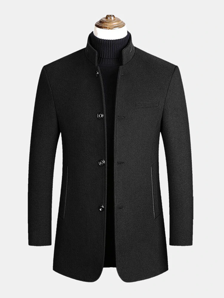 Mens Single-Breasted Woolen Thick Warm Pocket Long Sleeve Business Trench Coats - L Black