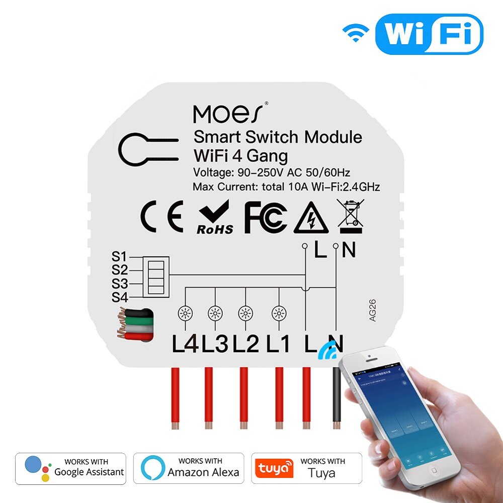 Tuya Smart Life 4 Gang WiFi Smart Light Switch 1/2 Way Wireless Module App Remote Timer Switch Aan-u