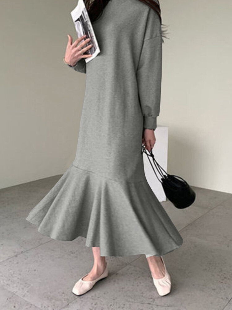 Women Solid Color Sweatshirt Dress Ruffle Puff Sleeve Calf Length O-Neck Midi Dresses