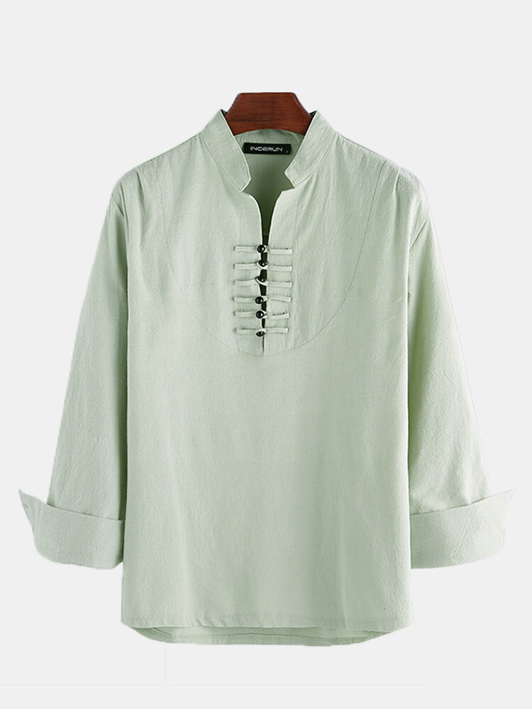 

Mens Cotton Linen Ethnic Oriental Stand Collar Long Sleeve Henley Shirts
