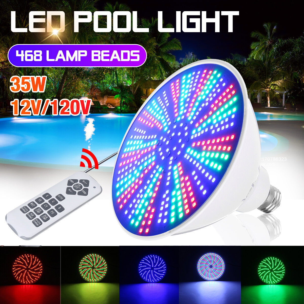 

AC12V/120V E27 35W LED Swimming Pool Light IP68 RGB Underwater Lamp+Remote Control