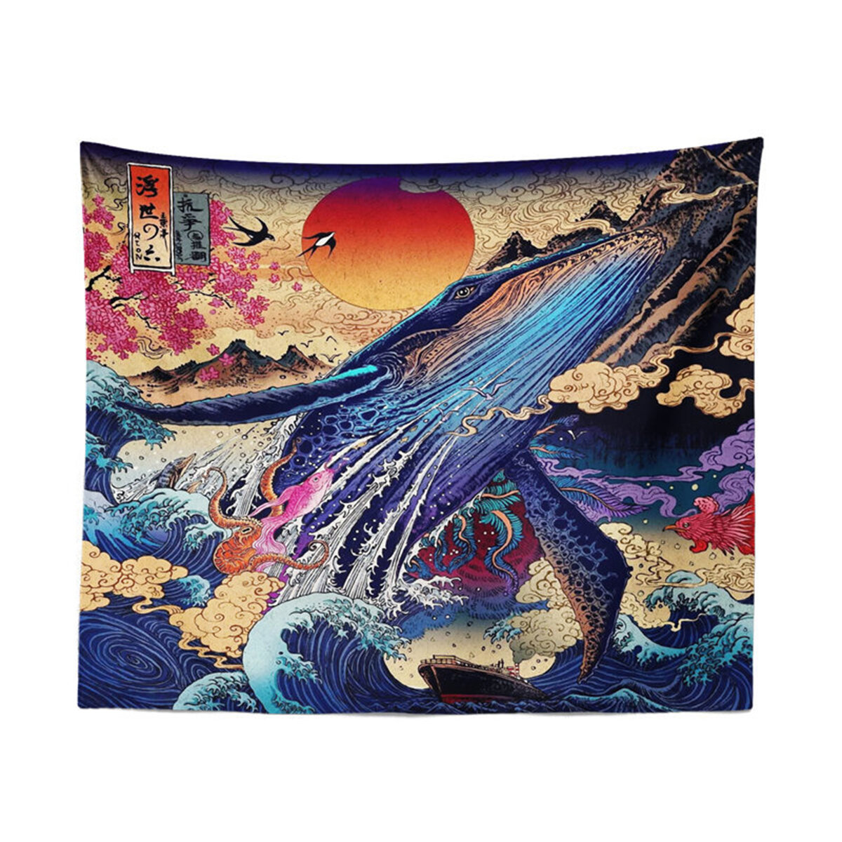 3D Wall Tapestry Great Japanese Sea Ocean Wave Whale Sunset Wall Hanging Blanket Home Living Room De