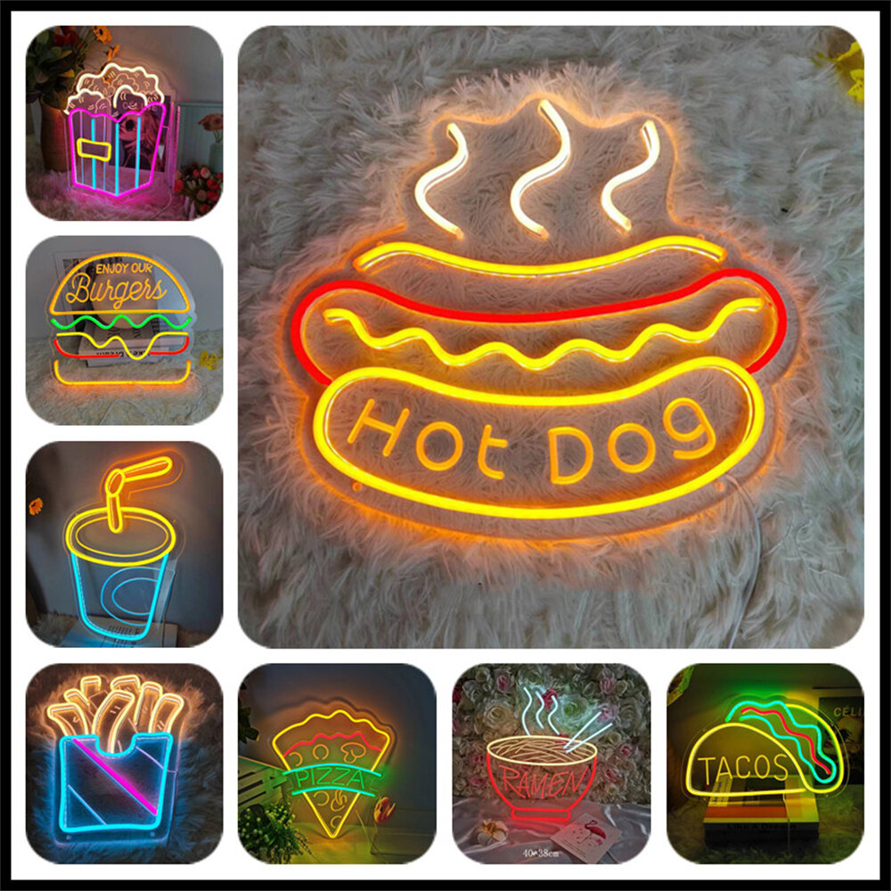 

LED Neon Sign Hot Dog Pizza Ice Cream Restaurant Shop Open Decorations Holiday Party Wedding Night Light Home Wall Bar C