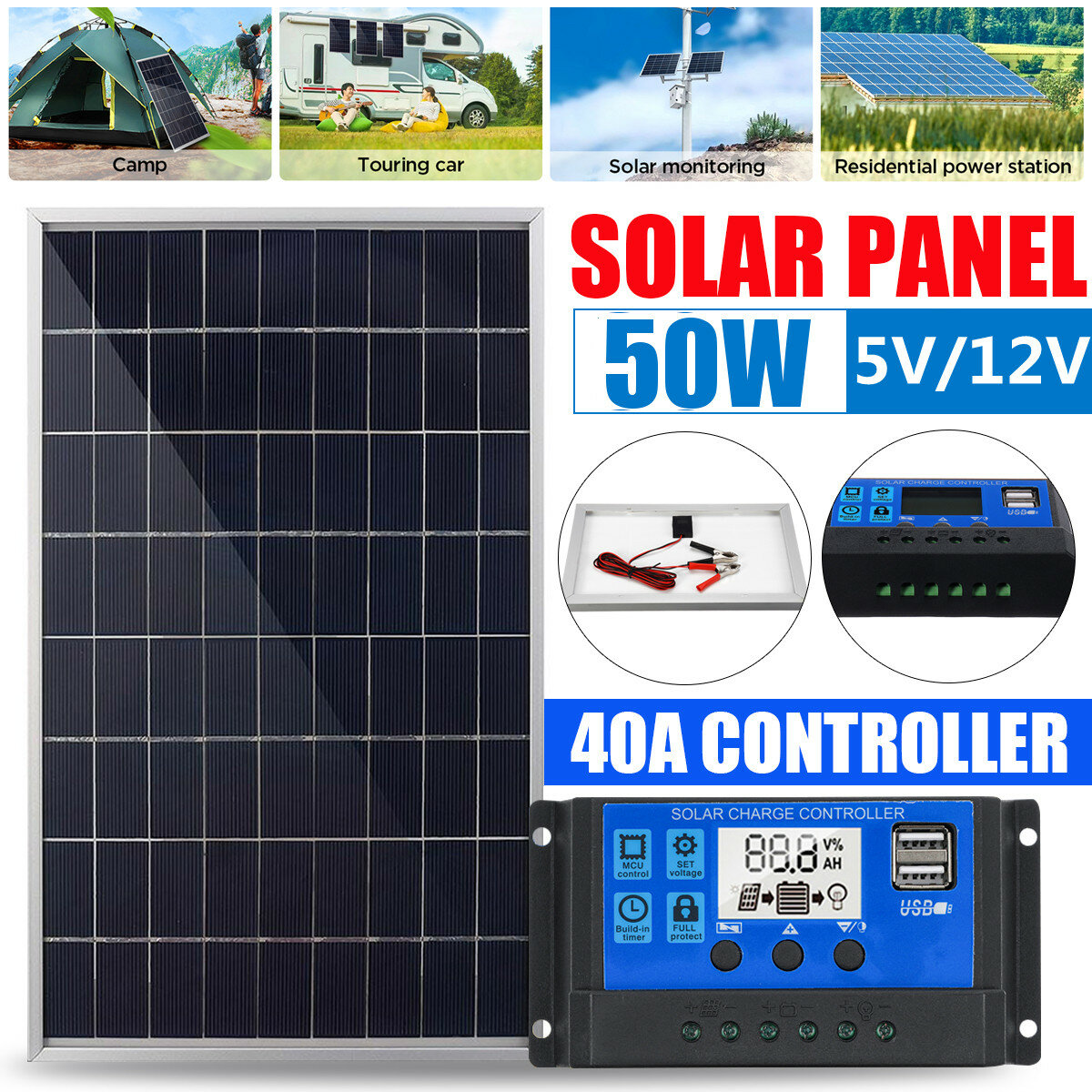 50W Solar Panel kit 5V/12V battery Charger 10A LCD Controller For Caravan Van Boat
