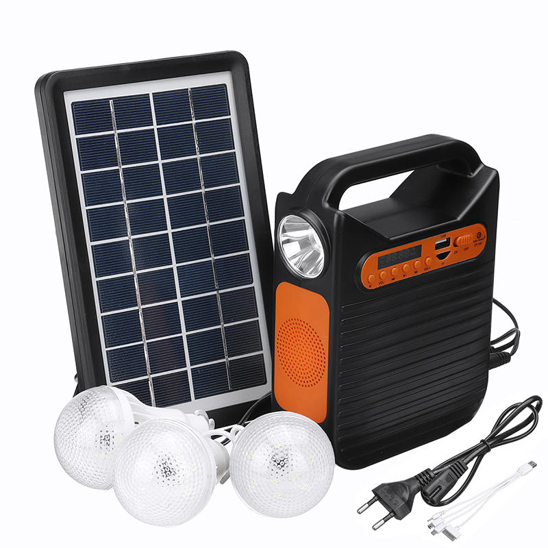 25w solar powered system emergency dc system light kit solar generator fm radio audio usb card
