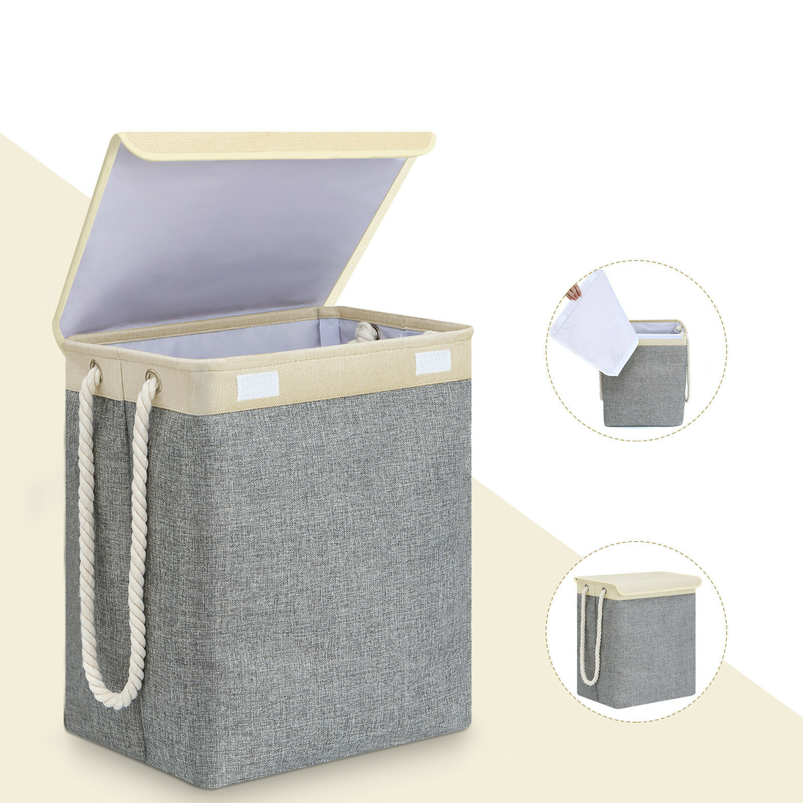 SAWAKE Laundry Basket with Lid Large Linen Collapsible Laundry Hamper with Handles Waterproof Lining Detachable Brackets