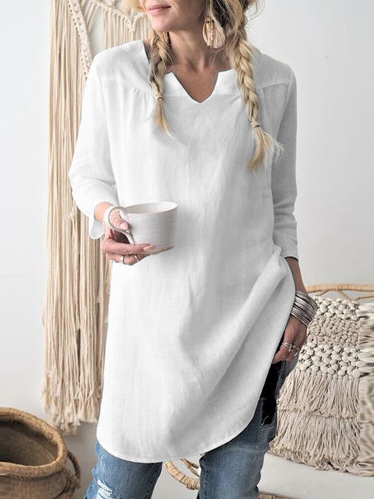 Solid Notch Neck Long Sleeve Blouse For Women