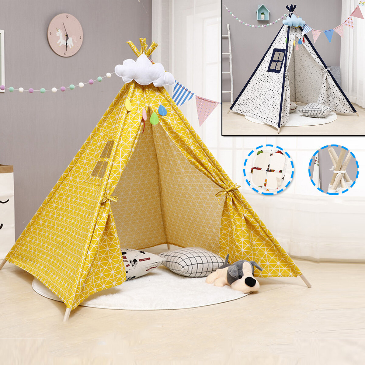 

Teepee Children Playhouse Kids Play Tent Natural Cotton Canvas Gift for Boys Girls Indoor Outdoor Tent