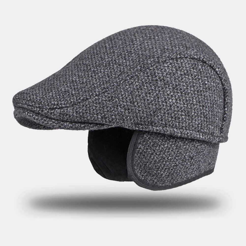 Men Woolen Plus Velvet Warm Beret Cap Winter Ear Protection Thicken Brim British Forward Hat Newsboy