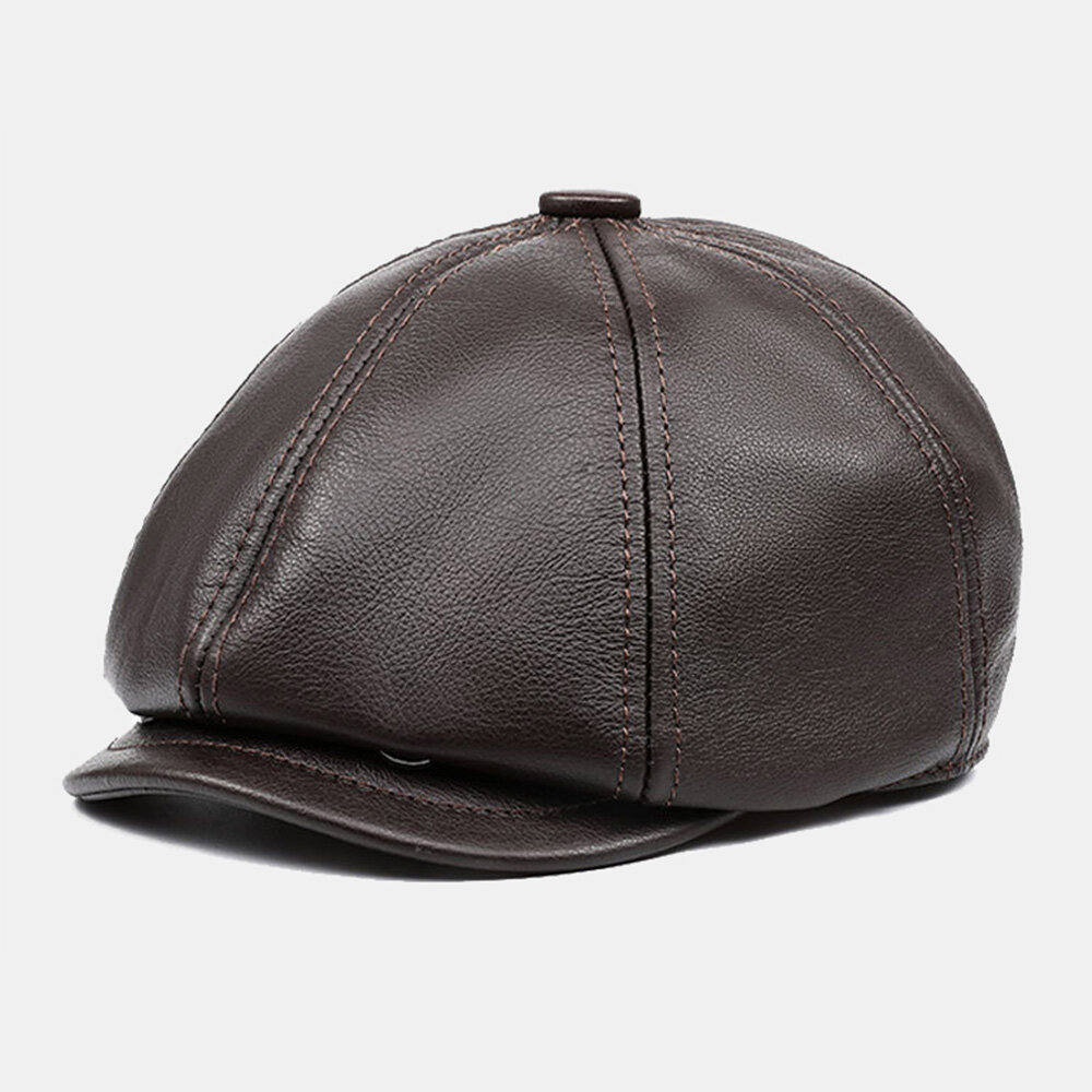

Men Genuine Leather Tie-dye Dome Octagonal Hat British Retro Short Brim Berets Painter Cap Newsboy Hat