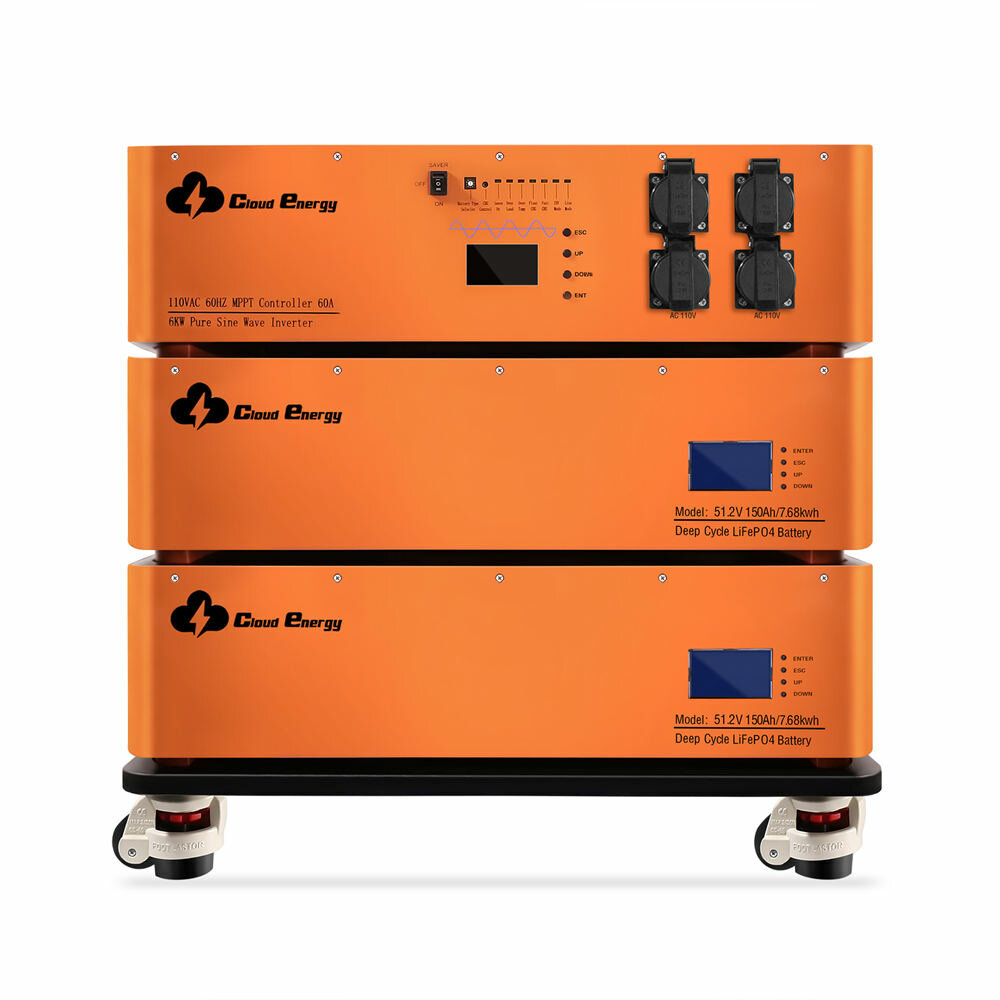 [US Direct] Cloudenergie 48V 300Ah 15.36Kwh Stapelbare LiFePO4-batterij met 6kw omvormer 60A MTTP 10-jarige levensduur perfect voor Monitor RV, Solar, Energieopslag, Overland, Off-Grid CL48-S2