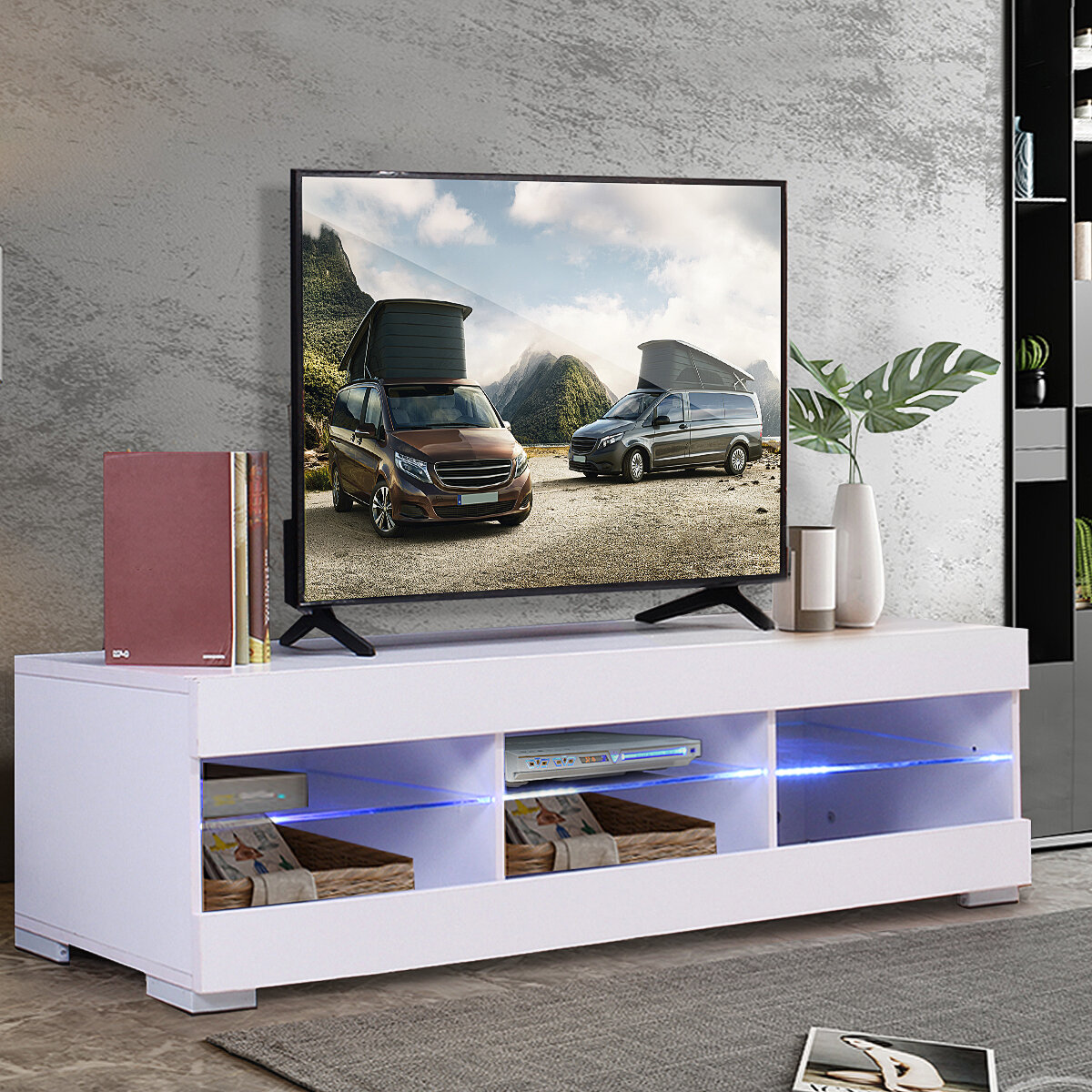 Woodyhome 57 "Hoogglans TV-standaard met LED-verlichting 6 Open Lagen Kast Moderne Opslag Houder Ent