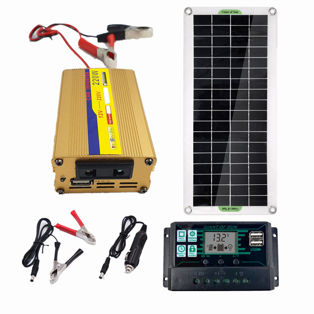 

220V Solar Power System 30W Solar Panel Battery Charger 220W Inverter USB Kit Complete Controller Home Grid Camp Phone