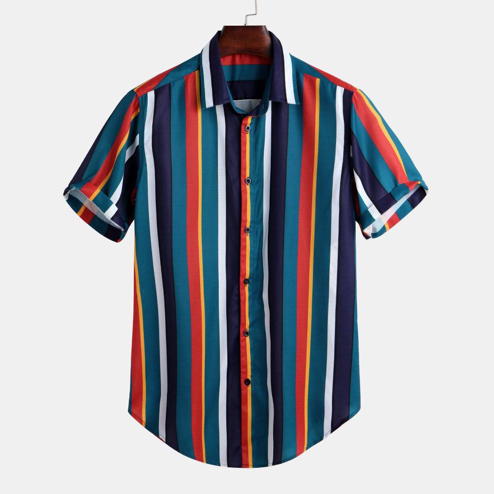 mens colorful striped button up short sleeve fashion shirts at Banggood