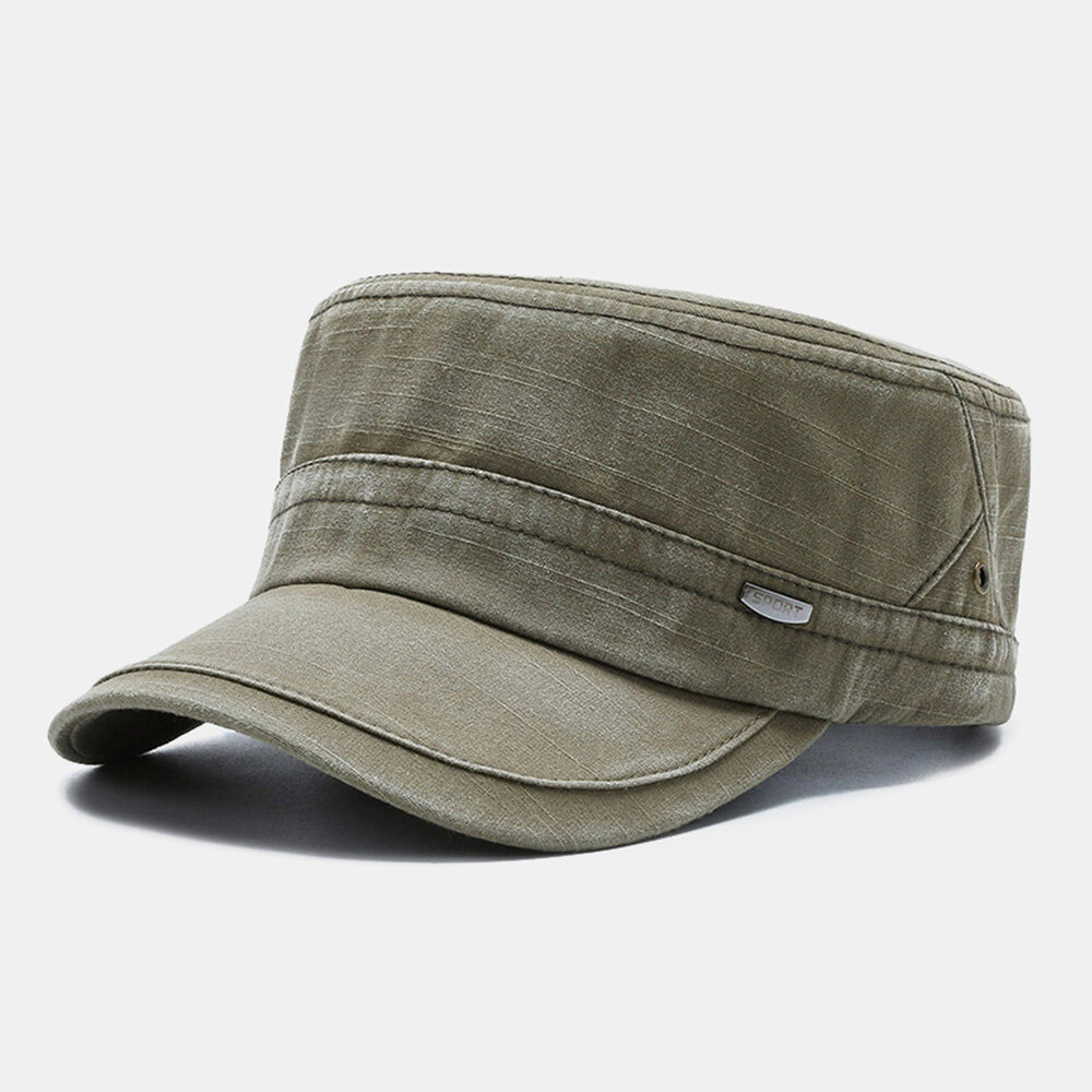 Men Curved Brim Letter Metal Label Military Cap Casual Wild Sunshade Flat Top Cap Cadet Hat