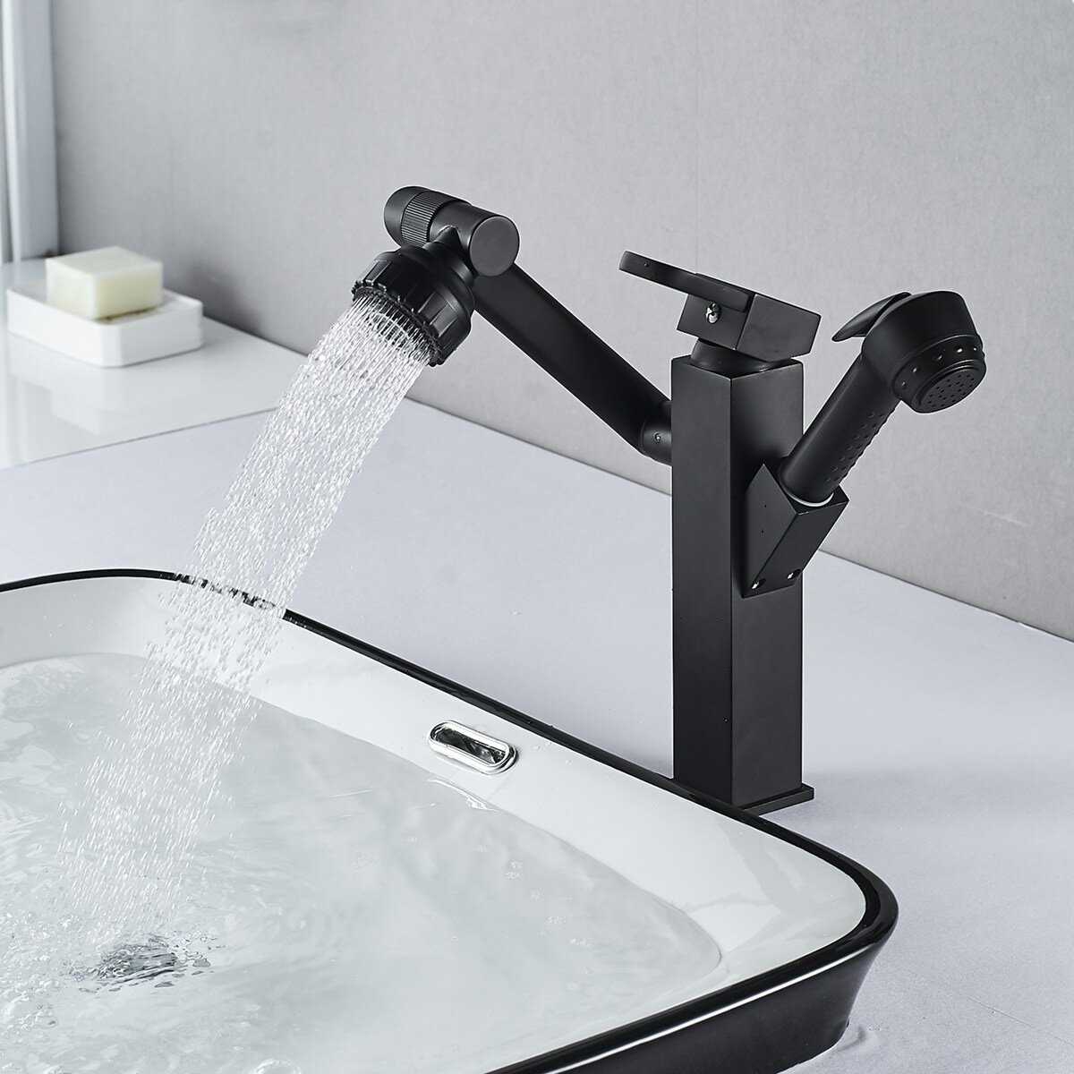 Bathroom Faucet Pull-Out Sink Faucet Adjustable and Rotatable Faucet with Sprayer Two Flow Modes Mod