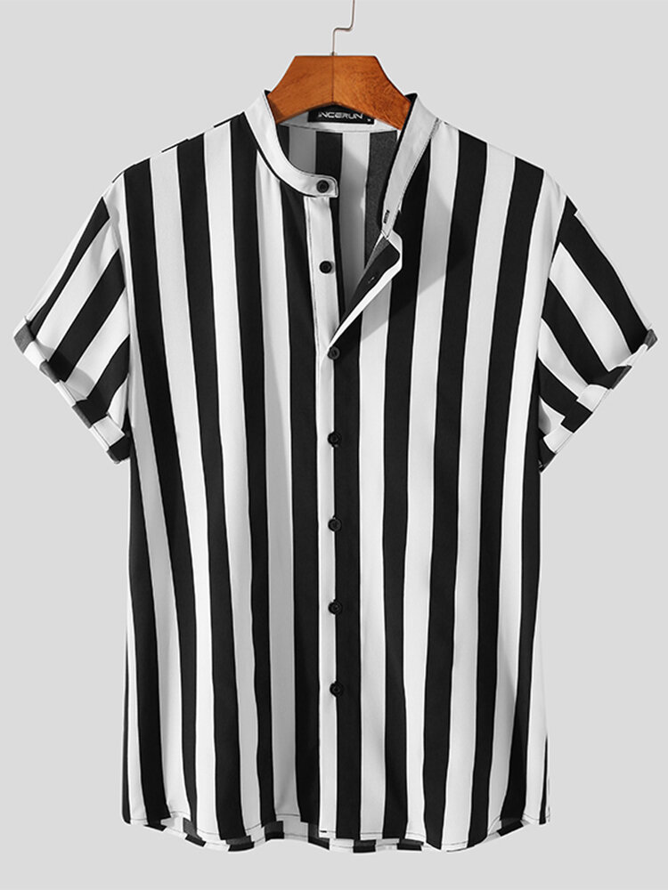 Men Vintage Stand-up collar Short Sleeve Striped Shirts