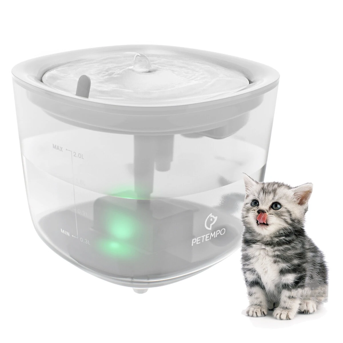 Petempo cat water fountain, wireless cat water fountain with led light, 2l ultra quiet cat water dispenser, automatic cat dog water fountain with water level window
