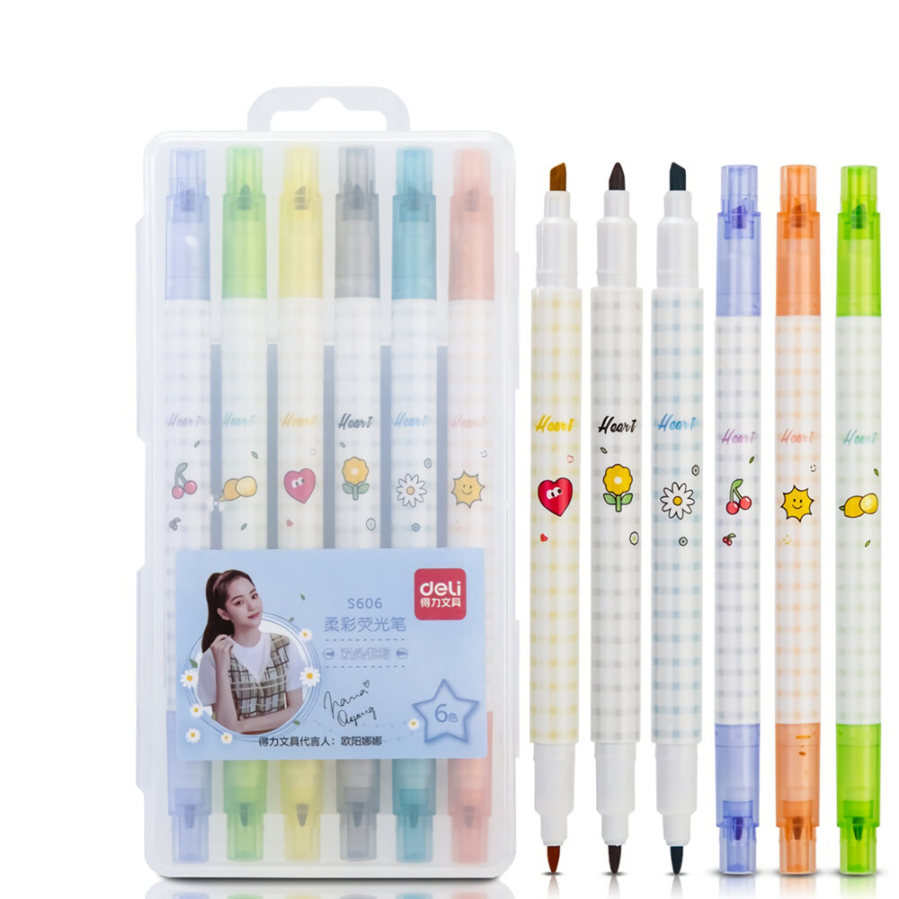  From XM Deli S606 6pcsbox Double Head Soft Color Fluorescent Pen Highlighter Pen Plastic Marker Cute Stationery Sch