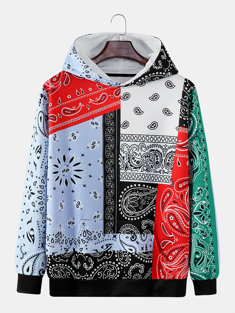 

Men Paisley Contrast Color Patchwork Kangaroo Pocket Hooded Sweatshirt
