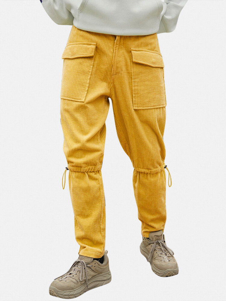 

Mens Yellow Corduroy Multi Pocket Half Elastic Waist Cargo Pants