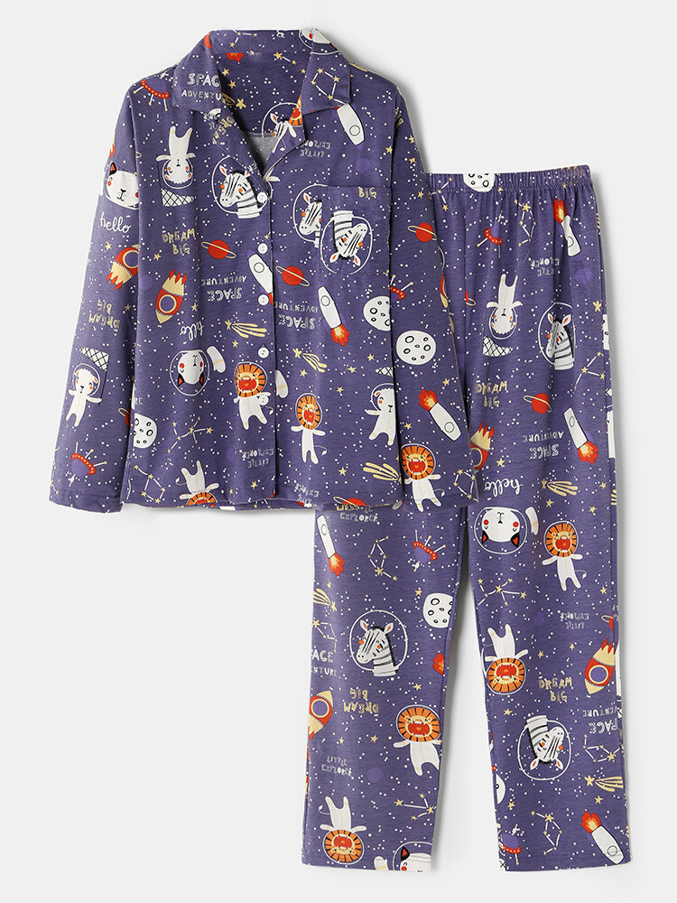 Dames Cartoon Animal & Space Print Katoenen Zak Lange Mouw Elastische Taille Thuis Pyjama Set