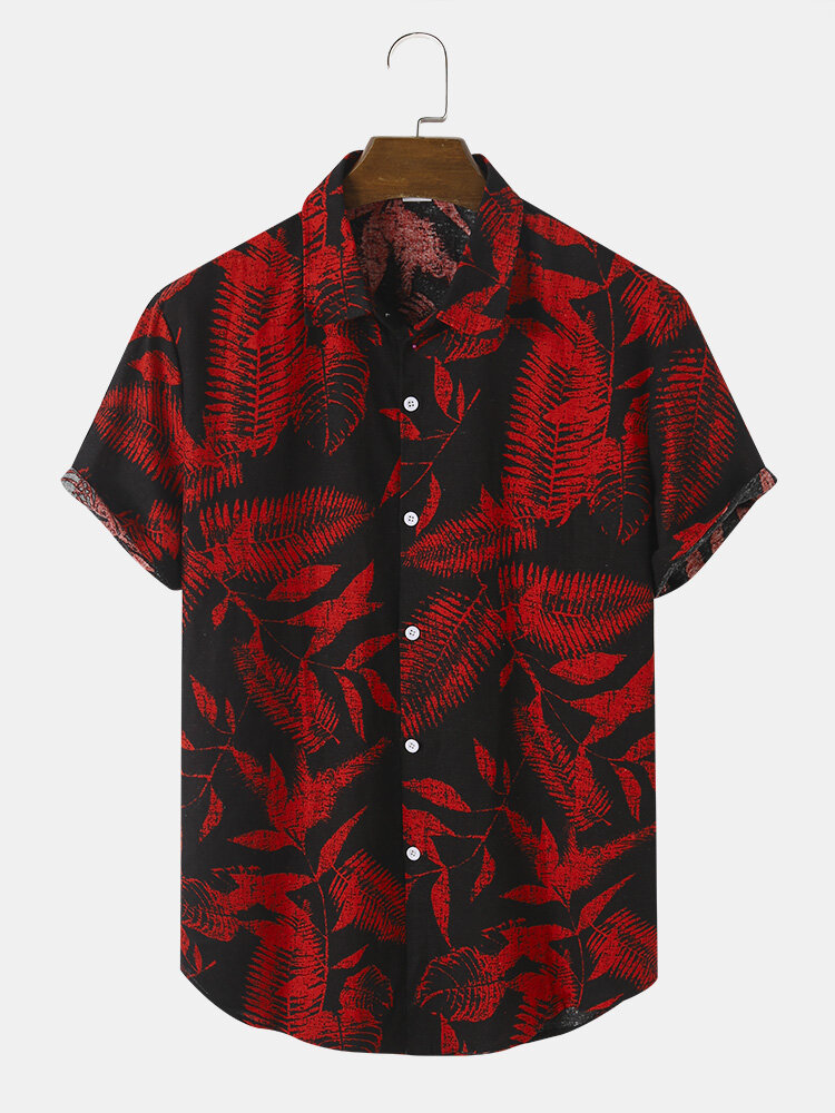 Mens Contrast Leaf Printed Button Up Holiday Short Sleeve Shirts