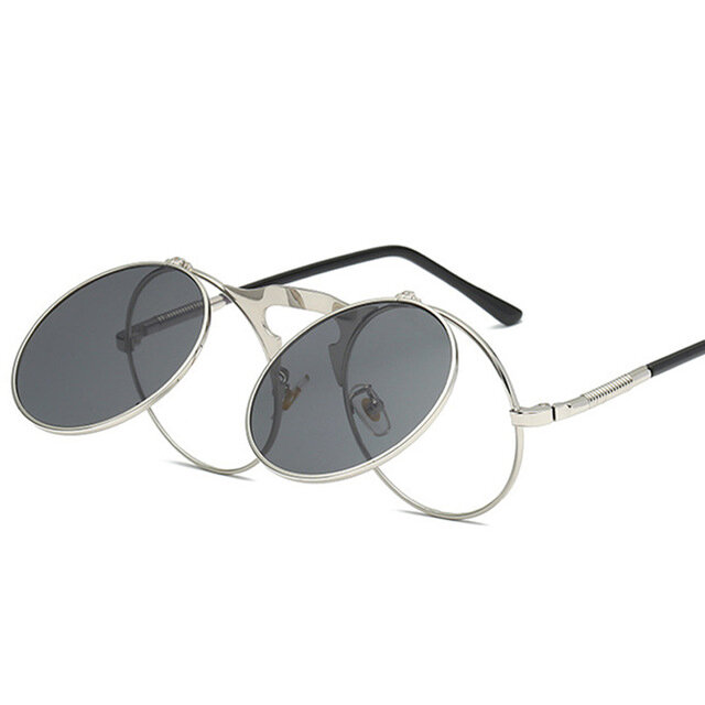 UV400 Vintage Steampunk Flip Up Men Sunglasses Women Retro Round Metal Frame Sun Glasses Hinge Design Curved Glasses Leg