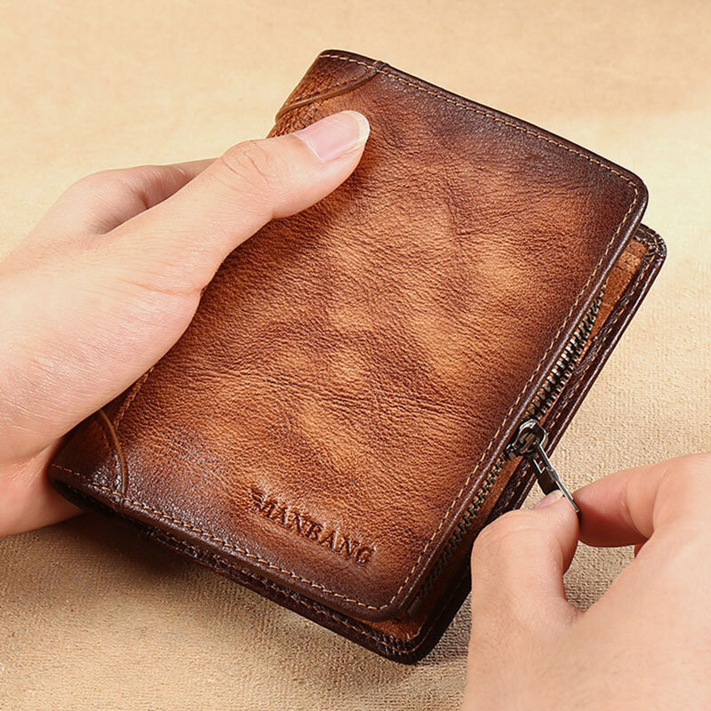 

Men Vintage Genuine Leather Multi-Slots Trifold Short Wallet Purse