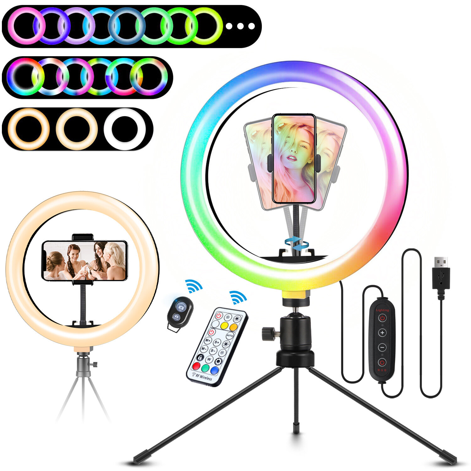 [29 RGB Colors] ELEGIANT EGL-03P 10 inch 3 Lighting Modes Brightness Adjustment LED Ring Full Light Tripod Stand Live Selfie Holder with Remote Control for YouTube Tiktok VK Vlog