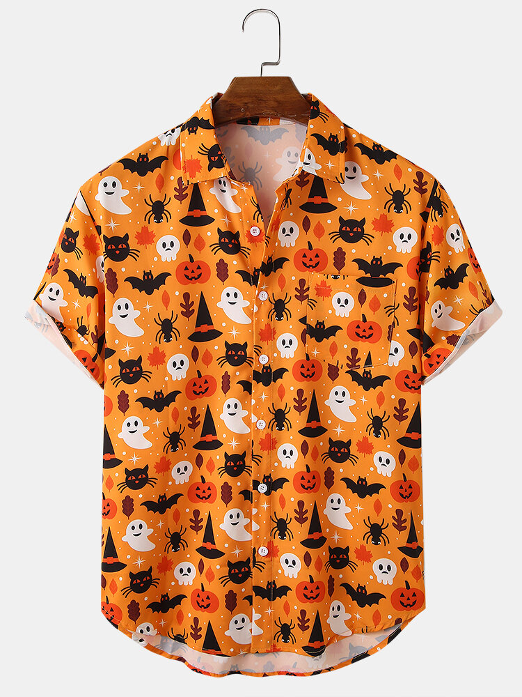 Heren Halloween Pompoen Cartoon Button Down Casual Shirts met korte mouwen