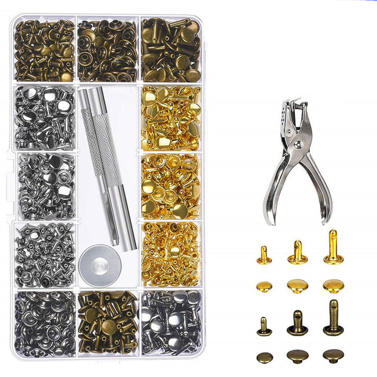 360Pcs Leather Rivets Double Cap Rivets Metal Fixing Tool With Punch Pliers Kit Craft Snap Fastener Press Button Repair