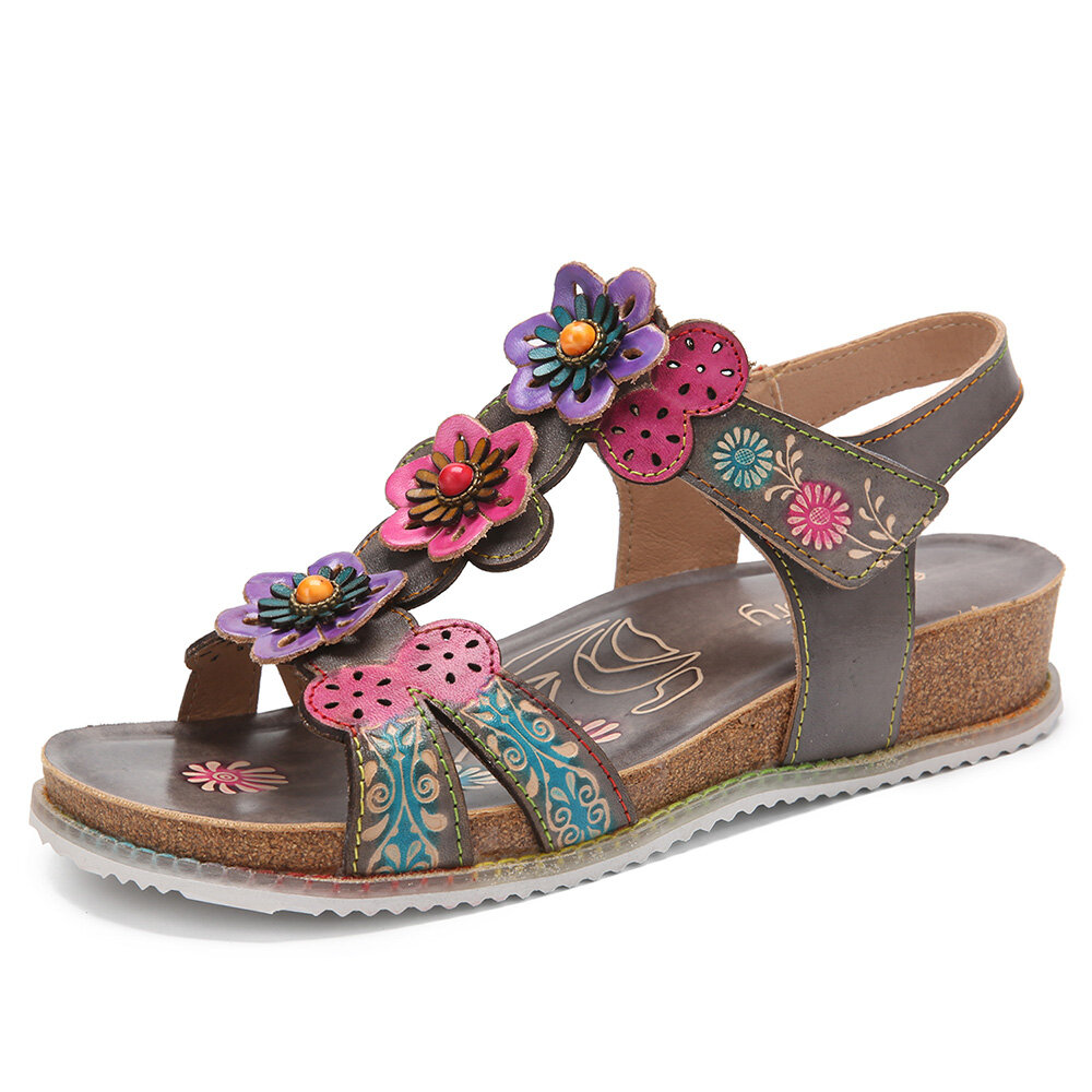 Socofy Genuine Leather Comfy Summer Vacation Bohemian Ethnic Floral Hook & Loop T-Strap Wedges Sandals