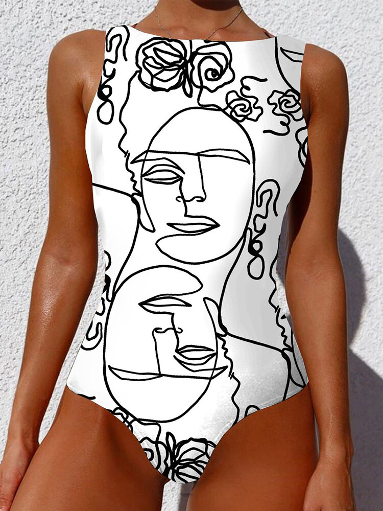 Damesbadpak met abstracte print en hoge hals zonder mouwen One Piece