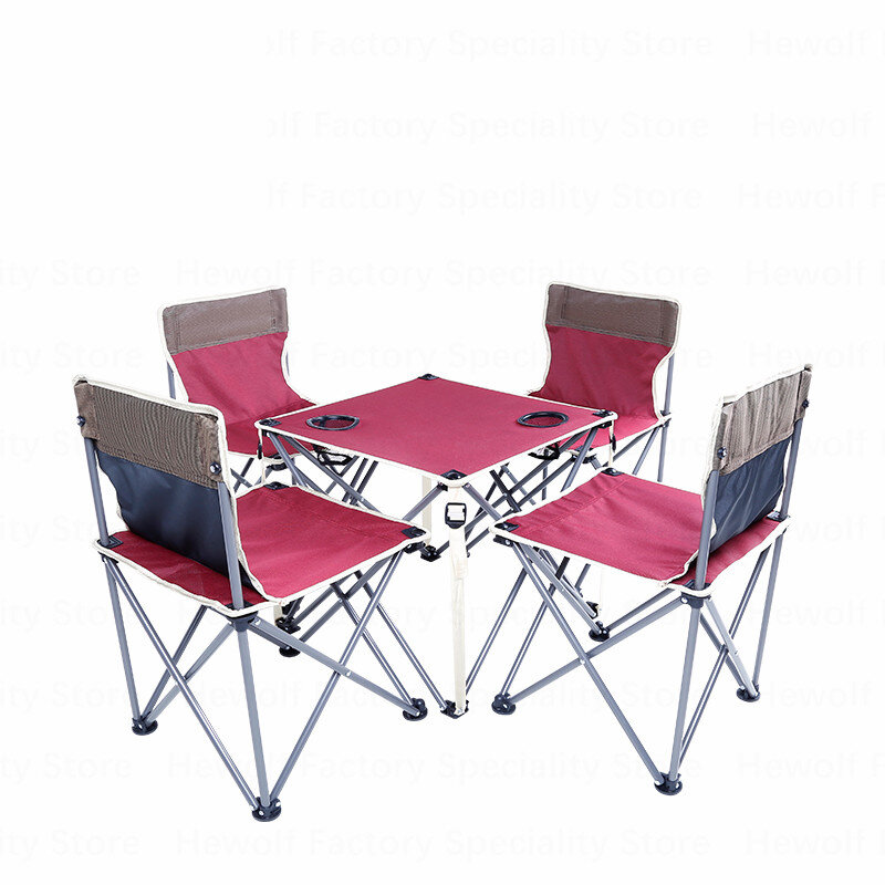 مجموعة من 5 طاولات قابلة للطي مع 4 كراسي وطاولة واحدة، كراسي صيد محمولة للتخييم في الهواء الطلق والشواء.