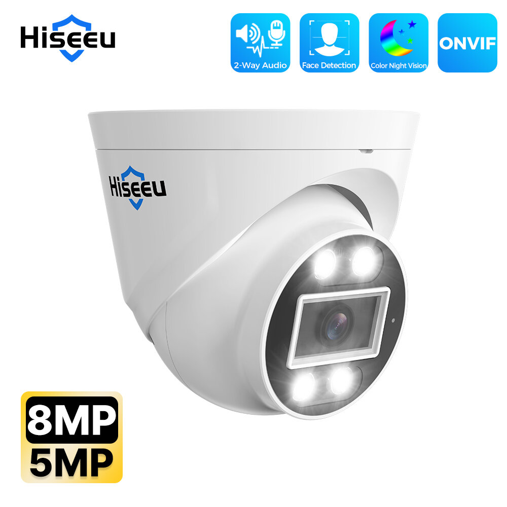 

Hiseeu 4K 5MP 8MP POE IP Security Surveillance Camera H.265+ Dome CCTV ONVIF 2-Way Audio Record Face Detection Full Colo